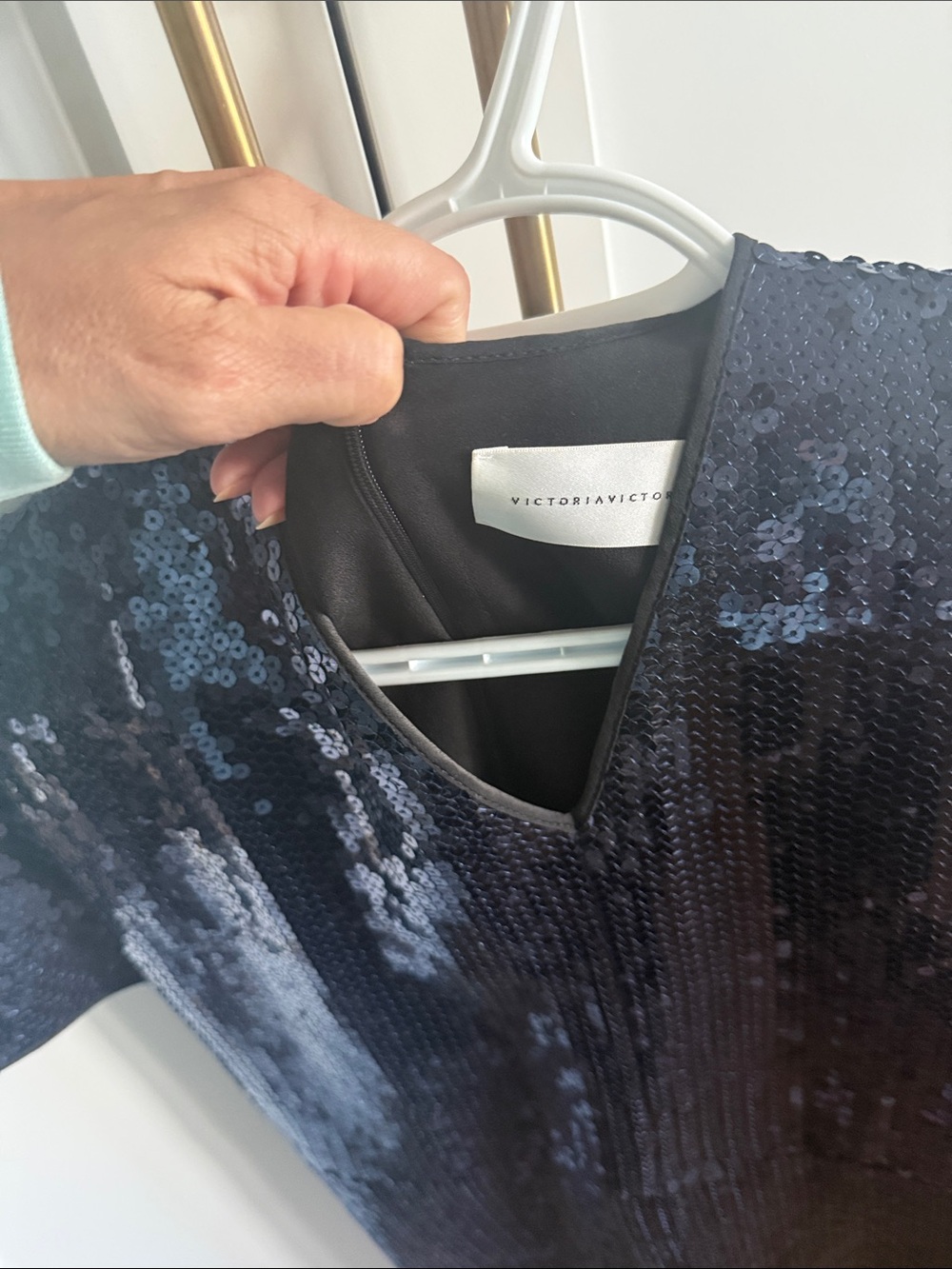 Victoria Victoria Beckham Navy Sequin V-Neck Top